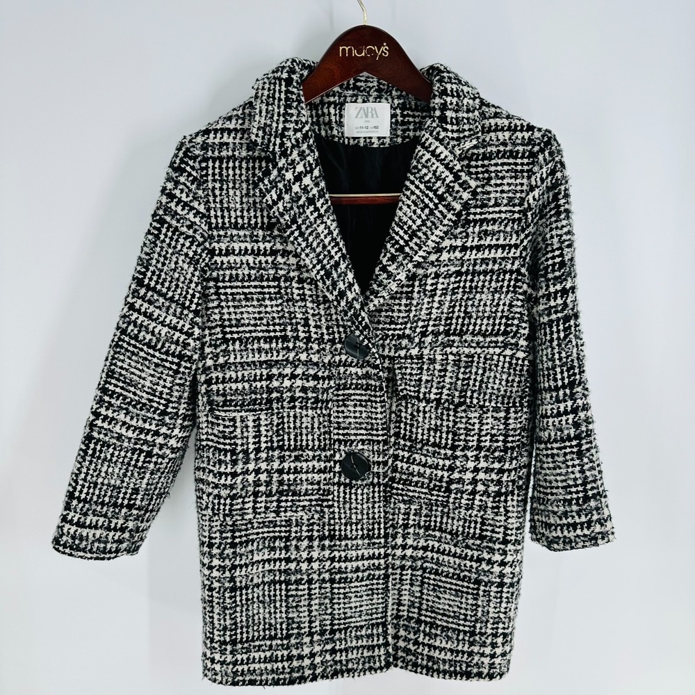 Zara Long Sleeve Collared Two Tone Classic Tweed Coat Black White Size‎ (11-12)